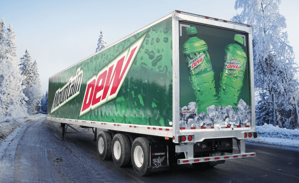 Mountain Dew trailer wrap in a nice snowy scenery by Turbo Images the leader in trailer wraps for awesome trailer wraps. For a great design and custom vinyl truck or trailer wrapping job, contact Turbo Images.